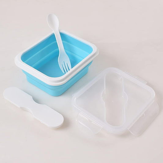 Silicone Lunch Container With Spoon & Fork, Bento Box, Collapsible Food Storage Container with Clip-on Lid, 20 Oz
