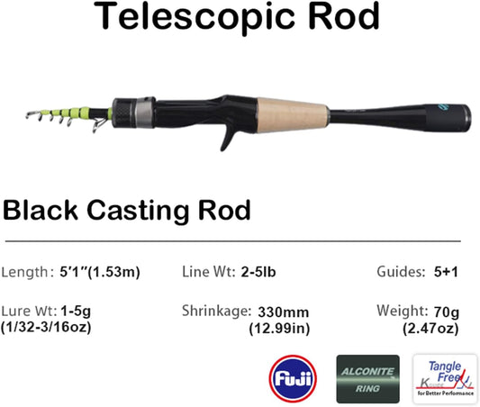 PURELURE Telescopic Fishing Rod Ultralight or Light, Carbon Fiber Rod Spinning & Casting, Fuji Alconite Ring and Reel Seat, One-Piece Mixed Carbon/4A Cork Handle, Spare Solid Tip, Portable Travel Rod