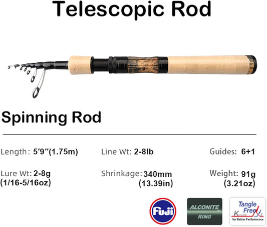 PURELURE Telescopic Fishing Rod Ultralight or Light, Carbon Fiber Rod Spinning & Casting, Fuji Alconite Ring and Reel Seat, One-Piece Mixed Carbon/4A Cork Handle, Spare Solid Tip, Portable Travel Rod