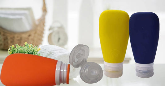 Travel Bottles for Toiletries, TSA Approved 3oz Leak Proof Silicone Refillable Squeeze Travel Size Containers BPA Free for Cleansers, Lotions, Shampoo 3pk (Orange-Blue-Yellow).