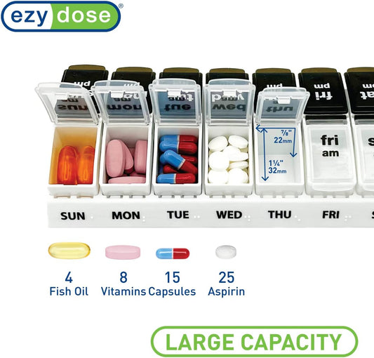 EZY DOSE Weekly (7-Day) Daily AM/PM Pill Case, Medicine Planner, Vitamin Organizer, Supplement Container, Large Pop-Out Compartments, Designed for Travel 2 Times a Day, Black and White Lids