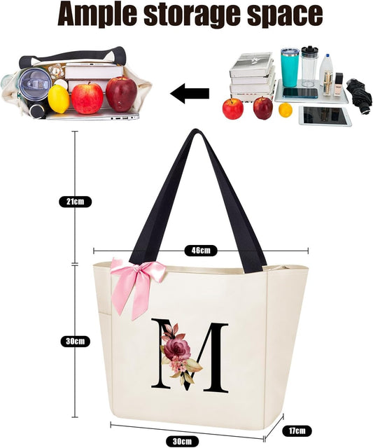Vavabox Tote Bag, A-Z Initial Monogrammed Waterproof Tote Bag, Bridesmaid Gifts for Women, Black and Pink