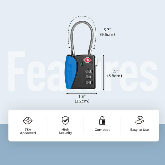 pack all TSA Approved Cable Luggage Locks, 3 Digit Combination Padlocks, Travel Lock for Suitcases & Bag, Alloy Body, Travel Accessories (4 Pack)(Navy)