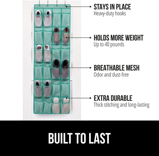 GORILLA GRIP Over the Door Shoe Organizer, 24 Large Breathable Mesh Pockets, Space Saving Hanging Storage Holder, Closet Rack Hanger Holds Up to 40 lbs, Hangs on Closets, Shoes, Accessories, Turquoise