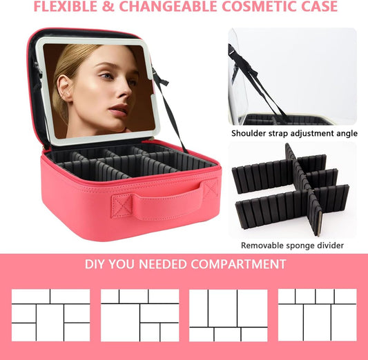 Travel Makeup Bag for Women and Makeup Artists Cosmetic Organizer Large Makeup Case,Travel Makeup Bag with Mirror 3 Color Setting,Portable Storage and Adjustable Dividers(light red)
