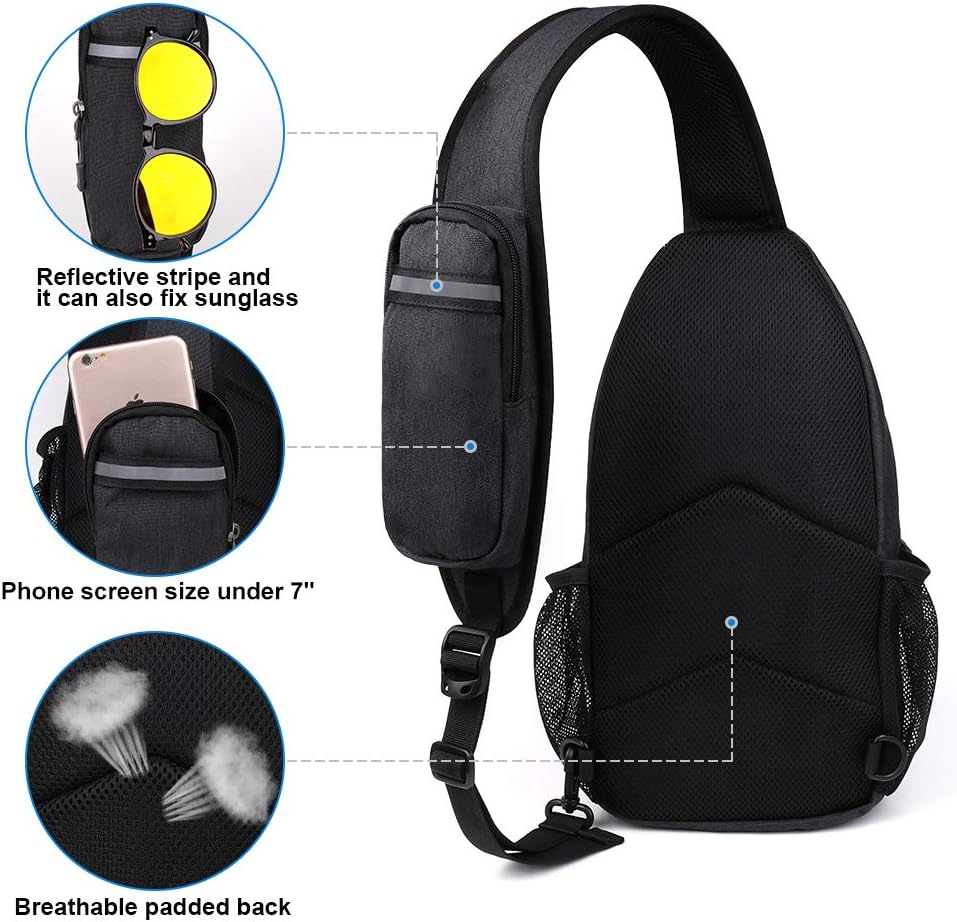 WATERFLY Crossbody Sling Backpack Sling Bag Travel Hiking Chest Bag Daypack (Black)