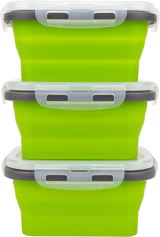 CCyanzi 3piece Collapsible Food Storage Containers with Lids, Silicone Lunch Container, Microwave & Freezer Safe, Space Saving for Kitchen Cabinet and Camping Backpack,(green gray)