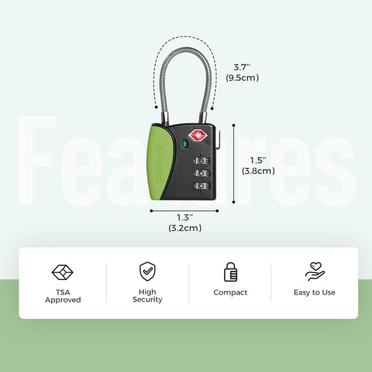 pack all TSA Approved Cable Luggage Locks, 3 Digit Combination Padlocks, Travel Lock for Suitcases & Bag, Alloy Body, Travel Accessories (4 Pack)(Apple Green)