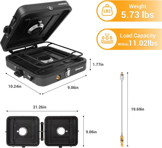 KingCamp 2 Burner Camping Stove,Portable Folding Stove with 20000 BTU,Backpacking Camp Stove for Outdoor Cooking,2 Adjustable Burners & Piezo Ignition for BBQ Hiking Backpacking Camping
