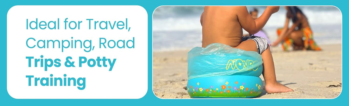 Travel Potty Seat for Toddlers - Inflatable Portable Toilet Kids Chair, Foldable Compact Lightweight Potty for Camping Road Trips, Outdoor Car Travel, Holds 66 lbs and 20 Durable Disposable Bags