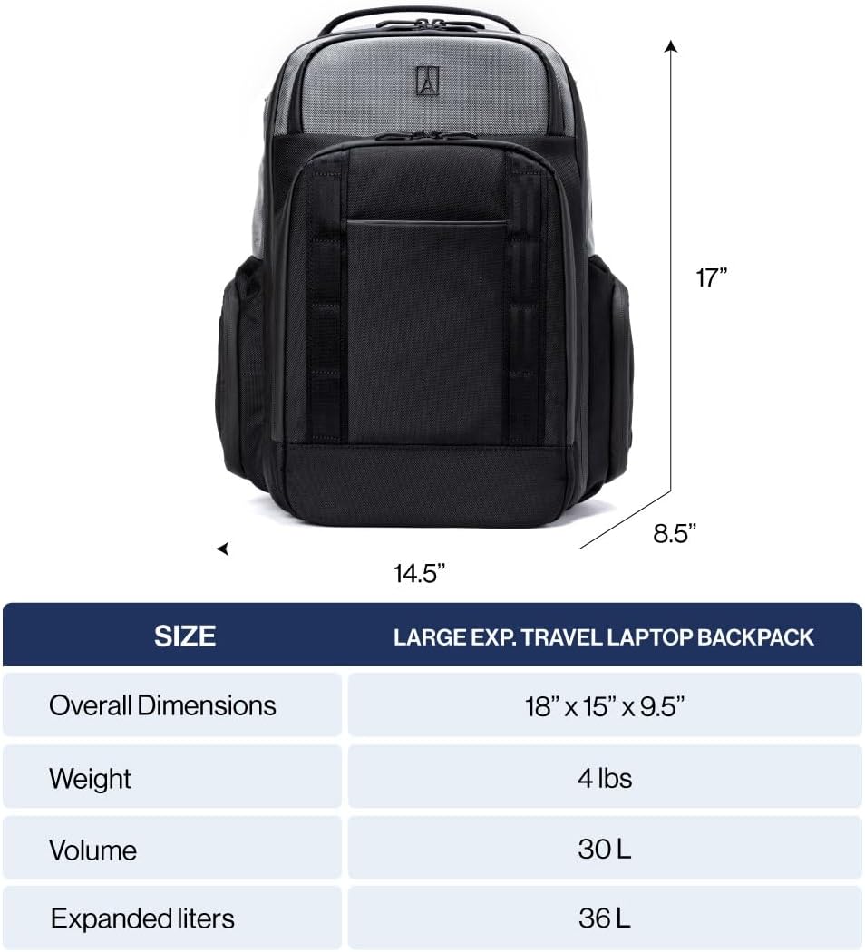 Travelpro Altitude Large Expandable Travel Laptop Backpack 30-36L, 16 Inch Laptop, Water Resistant, Work, Business, Men and Women, Falcon Grey