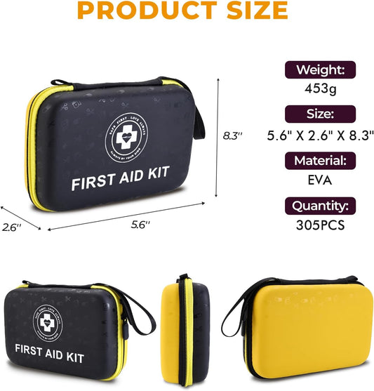 Premium First Aid Kit - 305 Piece Dual-Color Emergency Kit with Hard Shell & Fluorescent Interior Coating, Compact Survival Kit for Home, Car, Travel, Hiking & Outdoor (Black/Yellow)