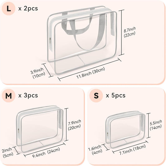 TISRATOK 10 PCS Clear Travel Makeup Toiletry Bag, Plastic PVC Cosmetic TSA Approved Organizer Kit with Zipper Handbag(Grey)