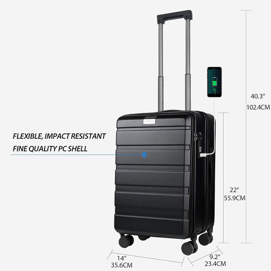 KROSER Carry On Luggage with Spinner Wheels & Built-in TSA Lock, Expandable Top Loading Hard Shell Suitcase Large Capacity Durable Rolling Luggage with USB Port, Carry-On 20-Inch, Black