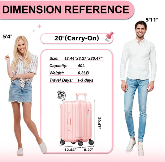 Krute Carry on Luggage PC+ABS Suitcases with Double Spinner Wheels 22x14x9 Airline Approved Luggage with TSA Lock 20 Inch (Pink)