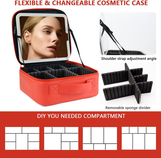 Travel Makeup Bag for Makeup Artists Large Makeup Case,with Mirror 3 Color Setting and Detachable 10x Magnifying Mirror Travel Makeup Bag,Portable Storage and Adjustable Dividers(red)