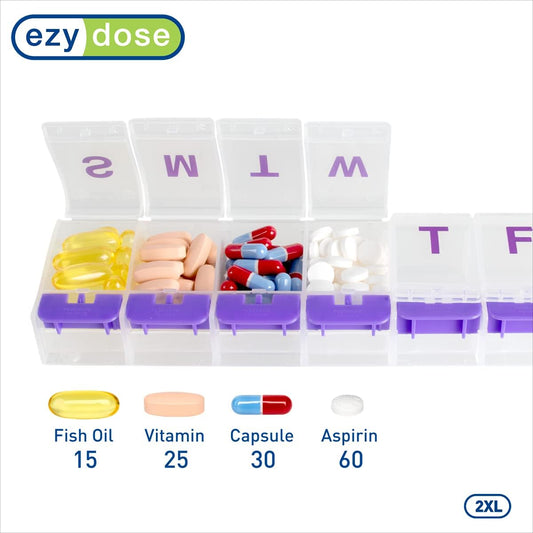 EZY DOSE Pill Organizer Weekly (7-Day), Medicine Planner, Vitamin Case/Box, 2X-Large Push-Button Compartments, Easy to Use, Travel-Friendly, Purple, BPA Free