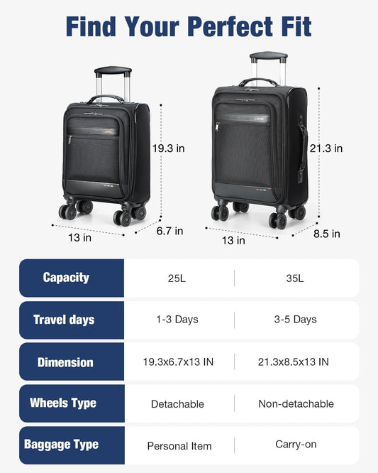 Lekebobor 20 Inch Carry On Luggage with Wheels Airline Approved, Softside Carry-On Suitcase for Women Men Travel Business, Black