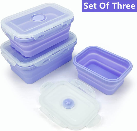 Purple Collapsible Meal Prep Containers Camping Bowls Silicone Bento Box with Airtight Plastic Lid, Microwave Safe, Portable Lunch Container, For Food Storage, Travel and Hiking, 3Pack