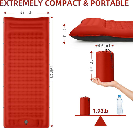 Camping Sleeping Pad, Extra Thick 5 Inch Camping Mat with Pillow Built-in Foot Pump Inflatable Sleeping Pads Compact for Camping Backpacking Hiking Traveling Tent(Orange-Black)