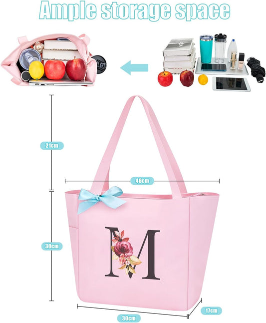 Vavabox Tote Bag, A-Z Initial Monogrammed Waterproof Tote Bag, Bridesmaid Gifts for Women, Black and Pink