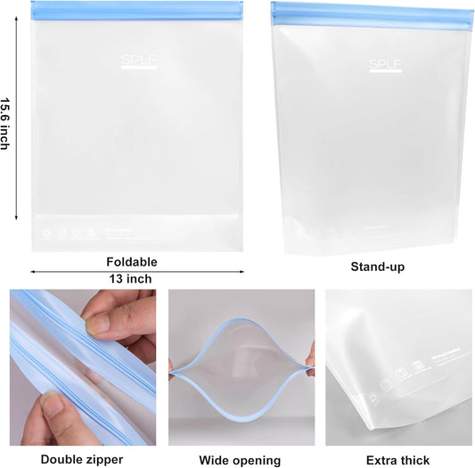 SPLF 6 Pack Stand-Up Reusable 2 Gallon Freezer Bags Dishwasher Safe, Reusable Freezer Bags 2 Gallon, Leakproof BPA Free Food Storage Bags for Marinate Meat, Veggies, Homemade Bread, Snack, Travel Item