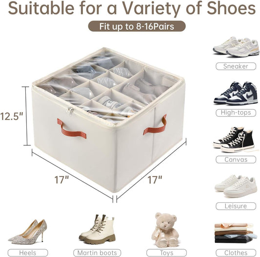 Shoe Organizer for Closet, 2 Pack Foldable Shoe Storage Containers, Fits up to 16-32 Pairs, Adjustable Dividers for Shoe Organizer, Fabric Shoe Storage Bins with Clear Cover, Beige