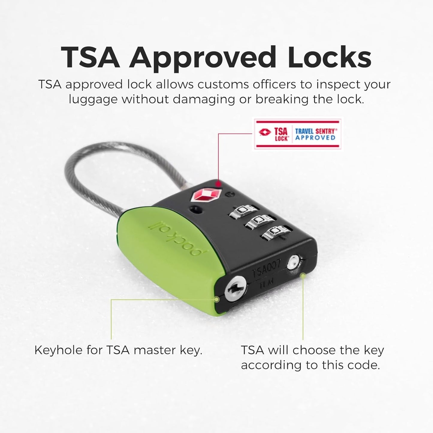pack all TSA Approved Cable Luggage Locks, 3 Digit Combination Padlocks, Travel Lock for Suitcases & Bag, Alloy Body, Travel Accessories (1 Pack)(Apple Green)