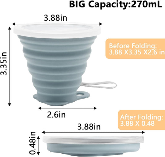 Litoexpe 4 Pack Silicone Collapsible Travel Cup Portable Folding Camping Cup Sets with Lids, Mint Green & Light Gray & Mustard Yellow & Light Brown, Capacity 9.22oz (270ml)