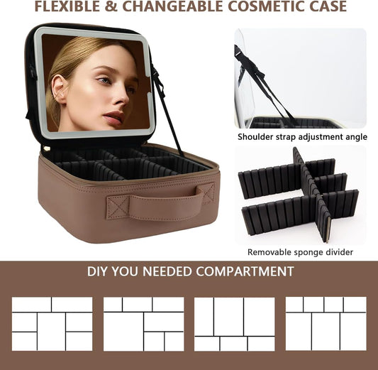 Travel Makeup Bag with LED Lighted Mirror, Travel Makeup Organizer,3 Color Setting Cosmetic Makeup Box, Adjustable Dividers and Brush Holder(Mocha)