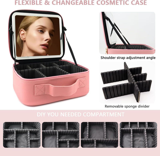 Travel Makeup Bag with LED Lighted Mirror, Travel Makeup Organizer,3 Color Setting Cosmetic Makeup Box, Adjustable Dividers and Brush Holder(pink)