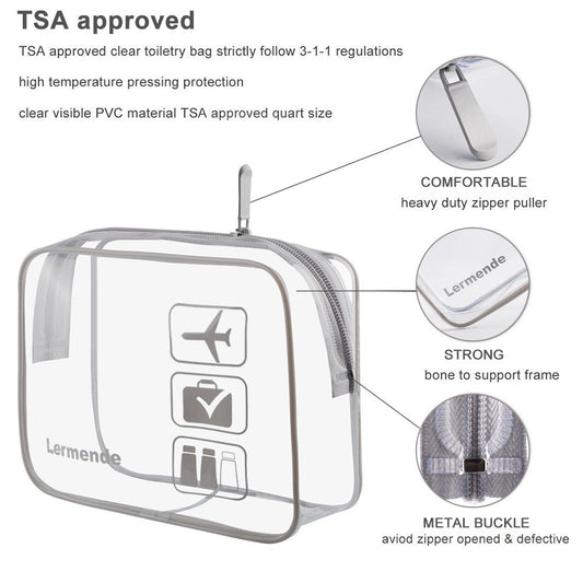 Lermende 2pcs Clear Toiletry Bag TSA Approved Travel Bag,Carry On for Travel,Airport Airline Accessories Compliant Bag,Quart Sized Makeup Cosmetic bag Women Men (Gray, 2 Pack)