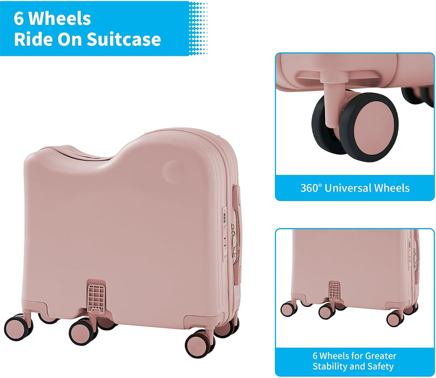 TABU Ride-on Luggage with Handbag for Kids,Hardshell Carry On Suitcase with Hidden Cup Holder, Foldable Pedal,Type-C & USB Interface, TSA Lock, 6-Spinner Wheels, Pink
