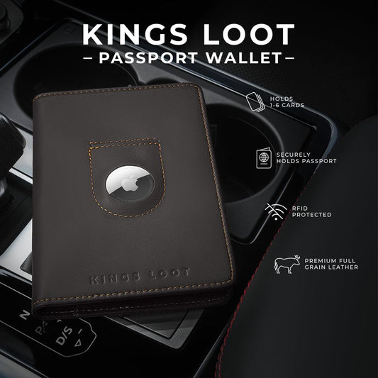 Kings Loot Passport Holder Wallet | RFID Protected Leather Travel Wallet with Built-in Trackable Holder | Holds 1-6 Cards & Passport | Slim & Stylish Wallets (Truffle)