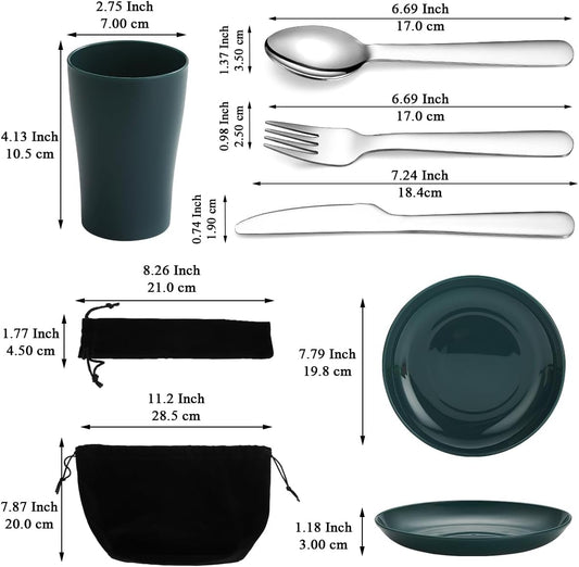 Evanda Camping Cutlery Set, Reusable Light Weight Mug, Plate and Stainless Steel Cutlery Set with Black Bag, Dishwasher Safe