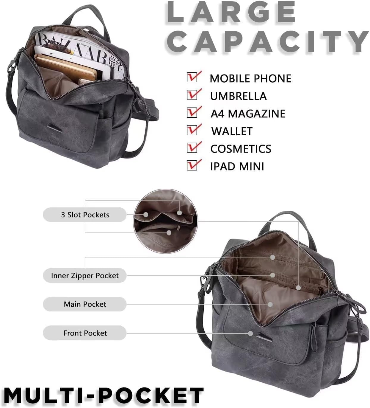 PU Leather Backpack Purse for Women Fashion Multipurpose Design Handbag Ladies Shoulder Bags Travel Backpack Black