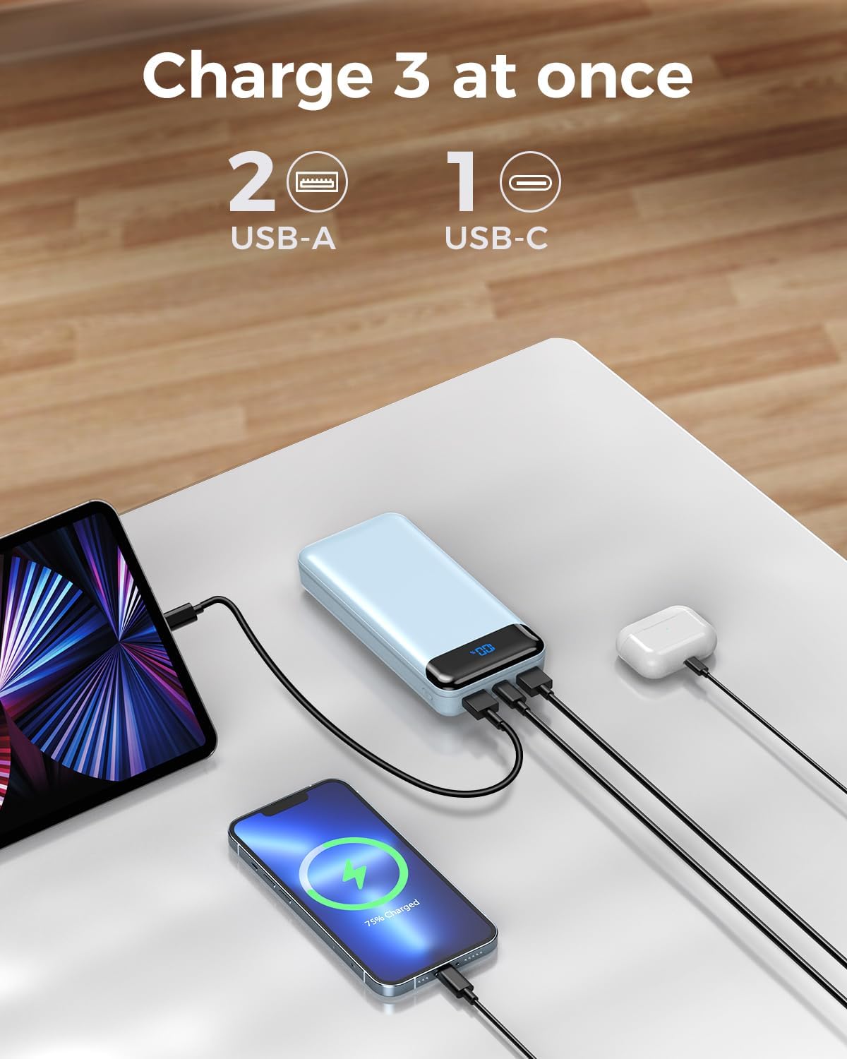 Portable Charger Power Bank 40000mAh Powerbank PD 30W and QC 4.0 Fast Charging External Battery Pack with USB-C LED 3 Outputs & 2 Inputs Portable Charging for iPhone 15 14 13 (Blue)