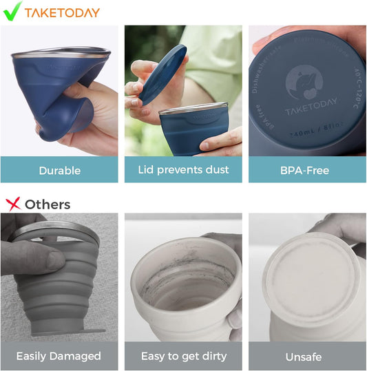 TakeToday Collapsible Travel Cup - Silicone Foldable Water Cup, BPA-Free with Lid & Waterproof Bag - Drinking Cup Set for Camping, Outdoors & International Travel(8 Oz, Navy)