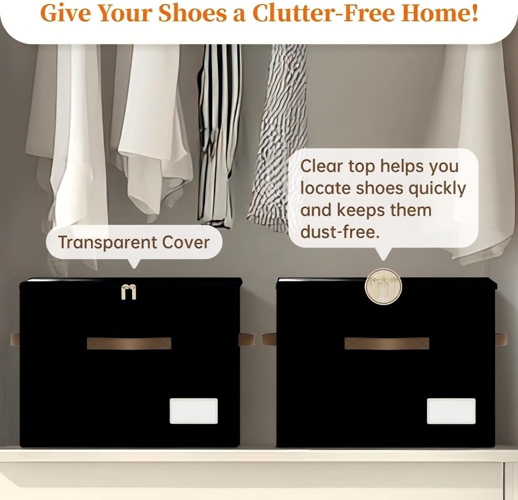 Shoe Organizer for Closet, 2 Pack Foldable Shoe Storage Containers, Fits up to 16-32 Pairs, Shoe Storage Organizer Box Cubby Baskets Bins with Clear Cover and Reinforced Handles, Black