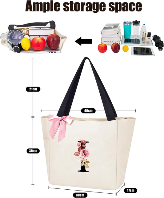 Vavabox Tote Bag, A-Z Initial Monogrammed Waterproof Tote Bag, Bridesmaid Gifts for Women, Black and Pink
