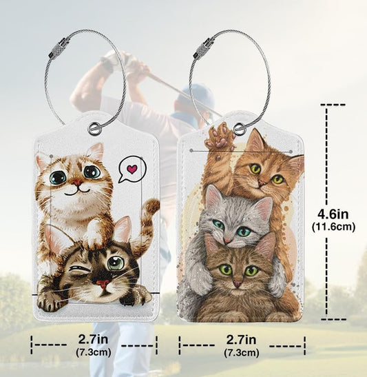 2 Pack Luggage Tags for suitcases Cute Funny cat Luggage Tag, Leather Stainless Steel Loop Label Tag for Men Women Travel Bag Suitcase(2 cat)