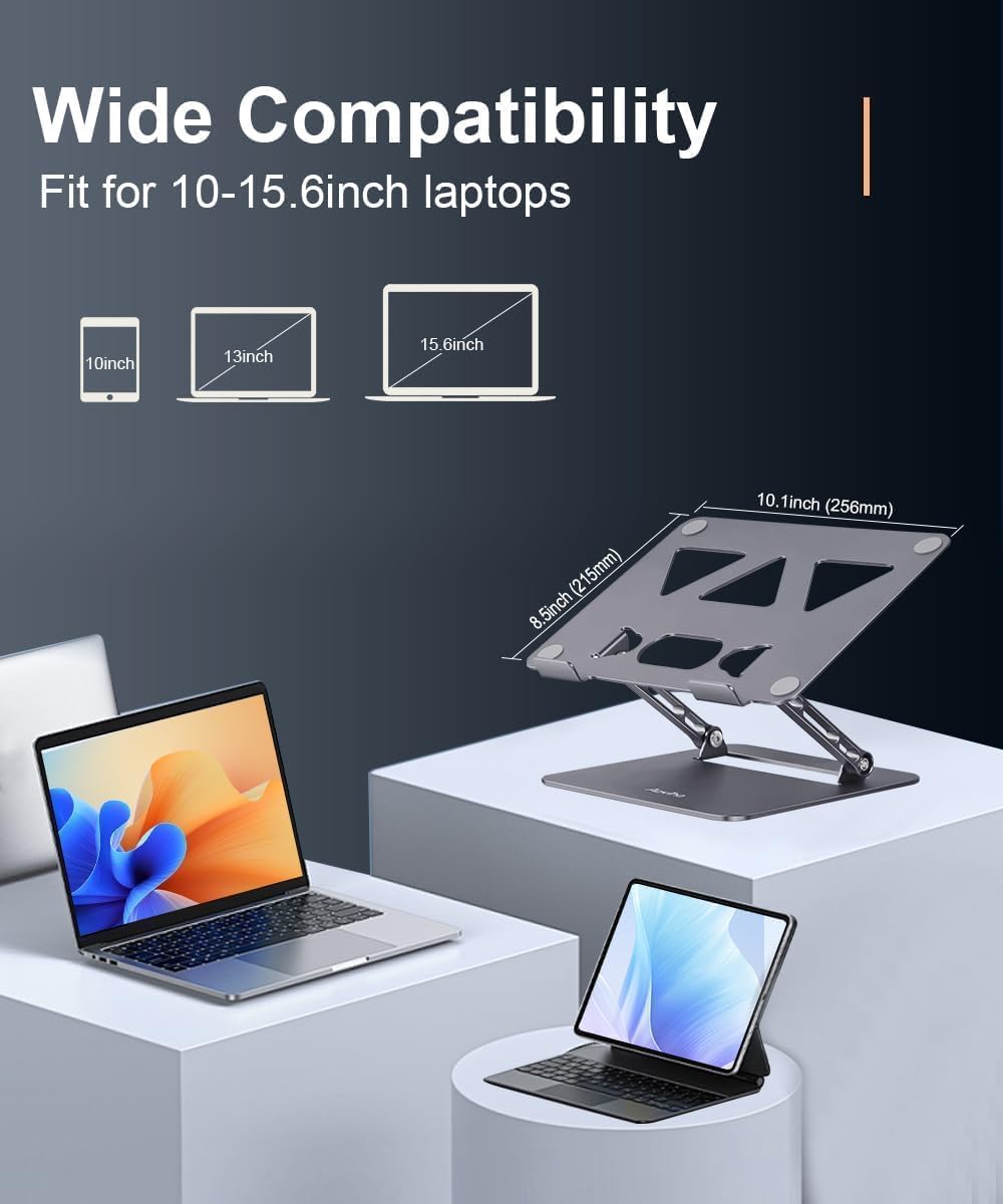 Adjustable Laptop Stand for Desk,Portable Laptop Stand Holder and Riser,Foldable Aluminum Notebook Computer Stands for MacBook Air Pro HP Lenovo Dell Samsung Chromebook, 10-15.6 inch, Grey