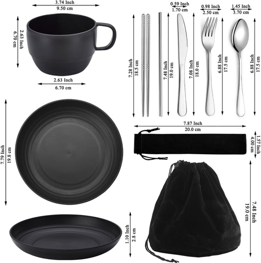 Camping Essentials Set, HOMQUEN Camping Plates and Bowls Set, Coffee Mug, Travel Cutlery Set Include Spoon, Fork, Knife for Work, Outdoor,Picnic, Camp (Black)