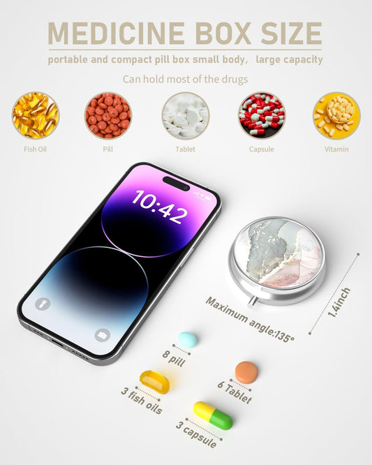 Pill Box, 3 Compartment Portable Travel Medicine Box with Mirror, Compact and Cute, Fits in Purse and Pocket, Medicine and Vitamin Organizer (Grey Pink Marble)