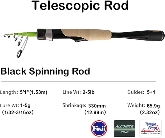 PURELURE Telescopic Fishing Rod Ultralight or Light, Carbon Fiber Rod Spinning & Casting, Fuji Alconite Ring and Reel Seat, One-Piece Mixed Carbon/4A Cork Handle, Spare Solid Tip, Portable Travel Rod
