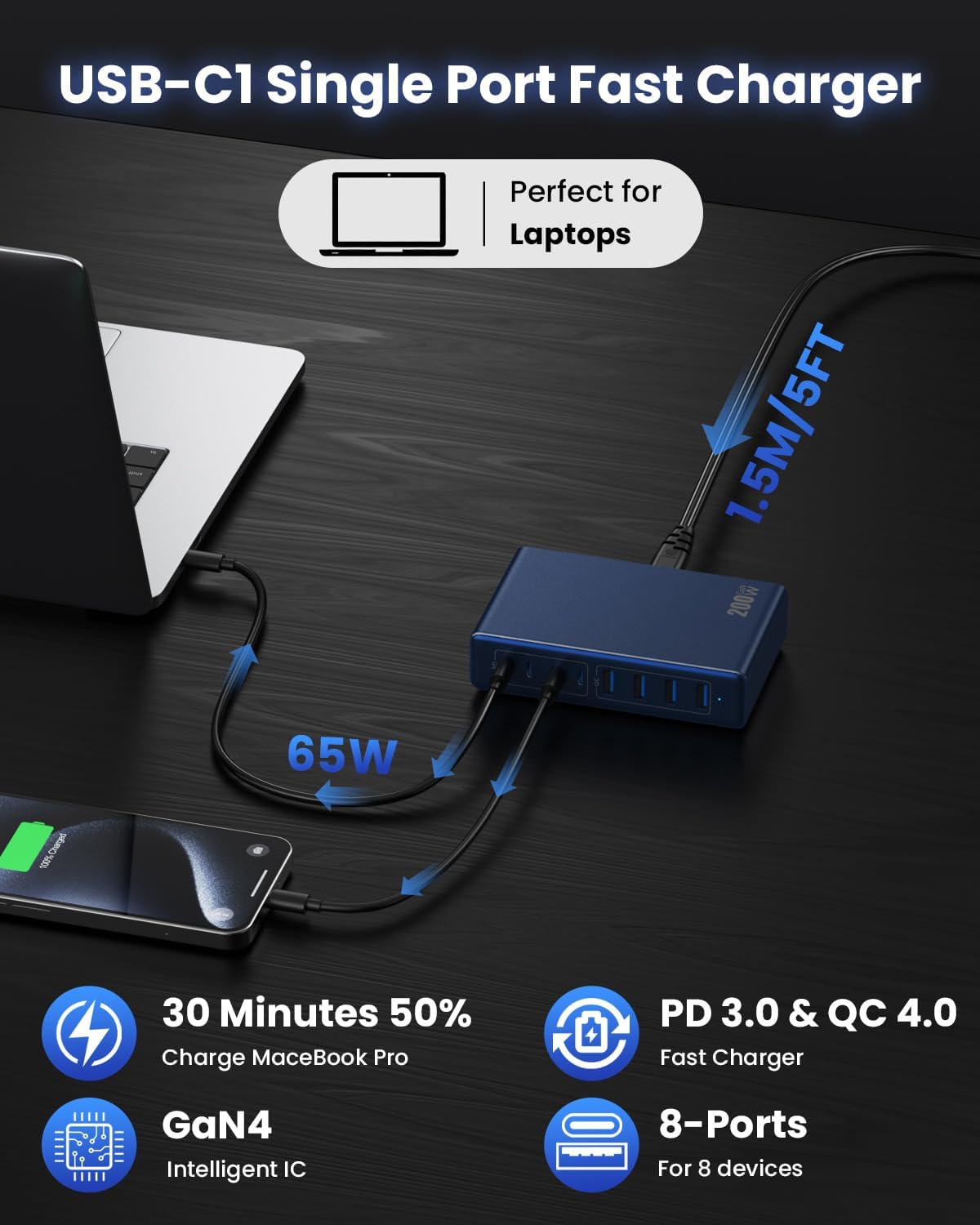 200W USB C Charger Block,GaN IV Charging Station 8 Ports,QC4.0 Fast Charging Station Hub+PD 65W USB C Laptop Charger Adapter Compatible with MacBook Air/Pro,DELL,iPhone 16/15,iPad,Steam Deck-Deep Blue