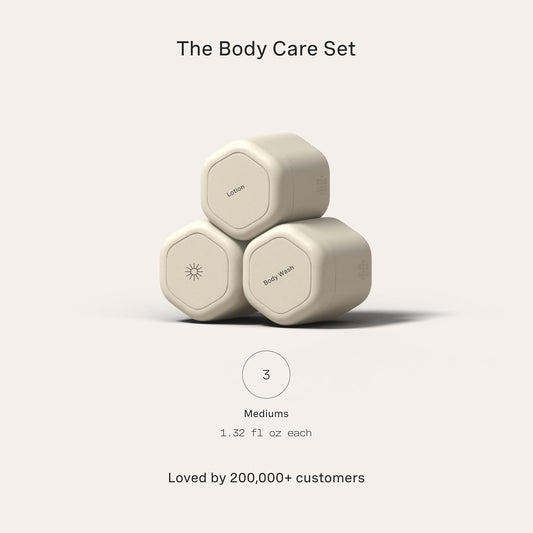 Cadence Travel Containers - Body Care Capsule Set - Magnetic Containers with Lids,Carry On Travel Essentials for Women/Men - 3 Flex Mediums (1.32oz) - Body Wash, Lotion & Sun Icon Labels - Sand