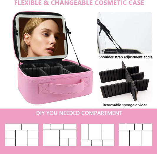 Travel Makeup Bag for Makeup Artists Large Makeup Case,with Mirror 3 Color Setting and Detachable 10x Magnifying Mirror Travel Makeup Bag,Portable Storage and Adjustable Dividers(Dark Pink)