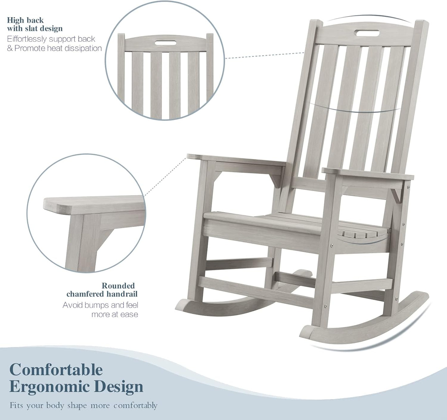 Psilvam Oversized Outdoor Rocking Chair Set of 2, Porch Rocker with 21" Wide Seat and 32" Tall Backrest, Pre-Assembled with Most Components for Effortless Installation (Grey)