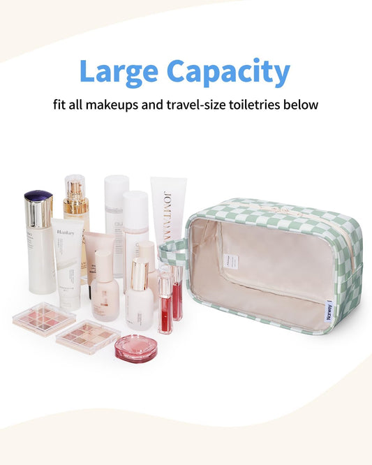 Narwey Clear Toiletry Bags for Traveling Women Men, Clear Travel Bags for Toiletries Makeup Bag Cosmetic Bag with Zipper, Make Up Organizer, Skincare Bag (Mint Green Checkerboard)